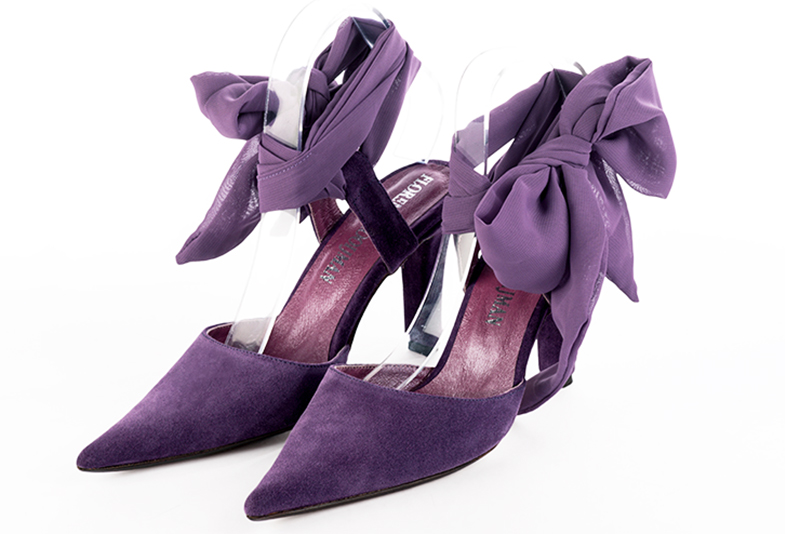 Amethyst purple women's open back shoes, with an ankle scarf. Pointed toe. High slim heel. Front view - Florence KOOIJMAN